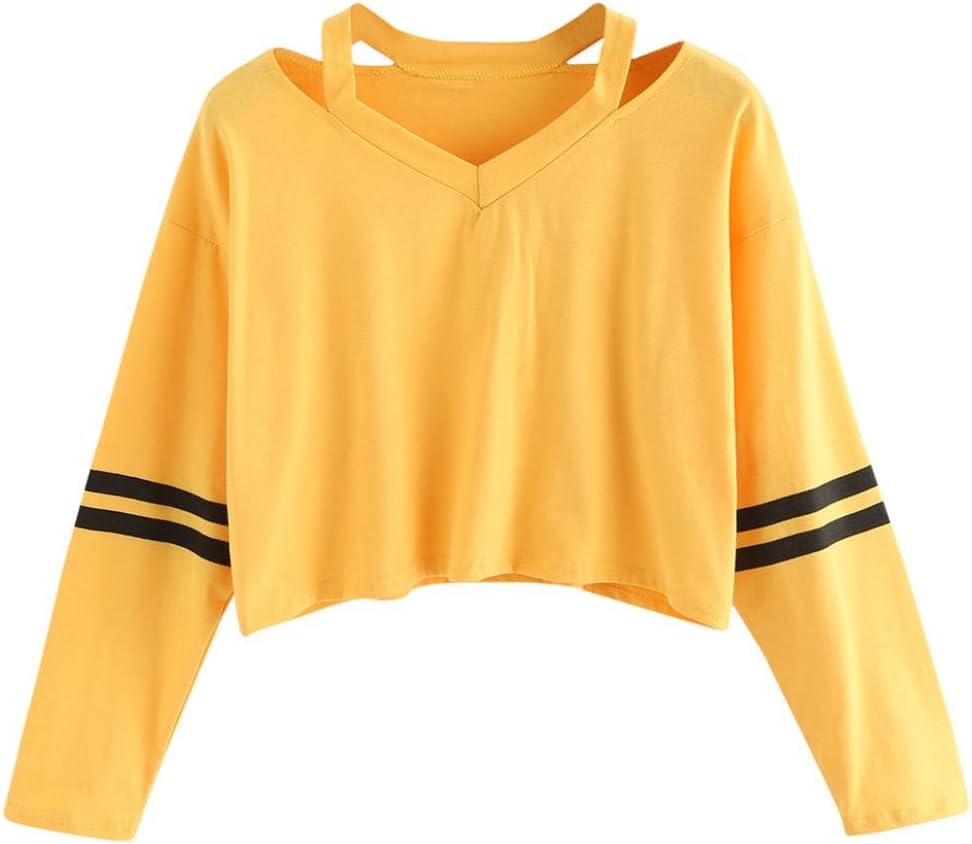 Keepfit Fashion Crop Tops, Striped Sweatshirt Causal Cut Out Shoulder Blouse for Teen Girls