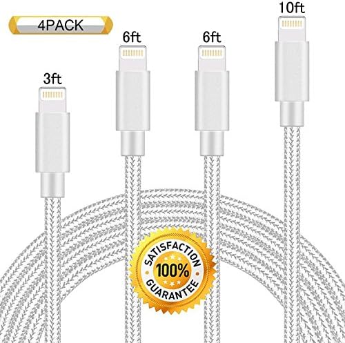 iPhone Lightning Cable to USB Charging &amp; Syncing charger cord Nylon Braided for 【4Pack 3FT 6FT 10FT】 iPhone X/8/8 Plus/ 7/7 Plus/6/6 Plus/6s/6s Plus/5/5s/ (Silver&amp;White)