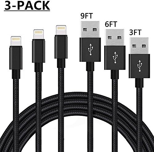 Lightning Cable 3Pack 10FT Nylon Braided Certified iPhone Cable USB Cord Charging Charger for Apple iPhone X, 8, 7, 7 Plus, 6, 6s, 6+, 5, 5c, 5s, SE, iPad, iPod Nano, iPod Touch (Black)
