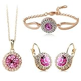 MAFMO Women Fashion Jewelry 18K Gold Plated Crystal Round Shaped Necklace Bracelet Earrings Set (Pink)