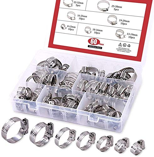 DollaTek 60 Piece Adjustable 8-38mm Range Stainless Steel Worm Gear Hose Clamps Assortment Kit