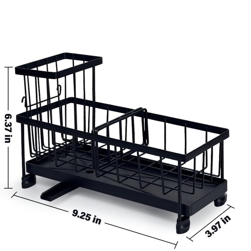 FADTOP Stainless Steel Kitchen Sink Caddy Organizer with Sponge & Brush Holder, Draining Tray - Black Countertop Storage Rack