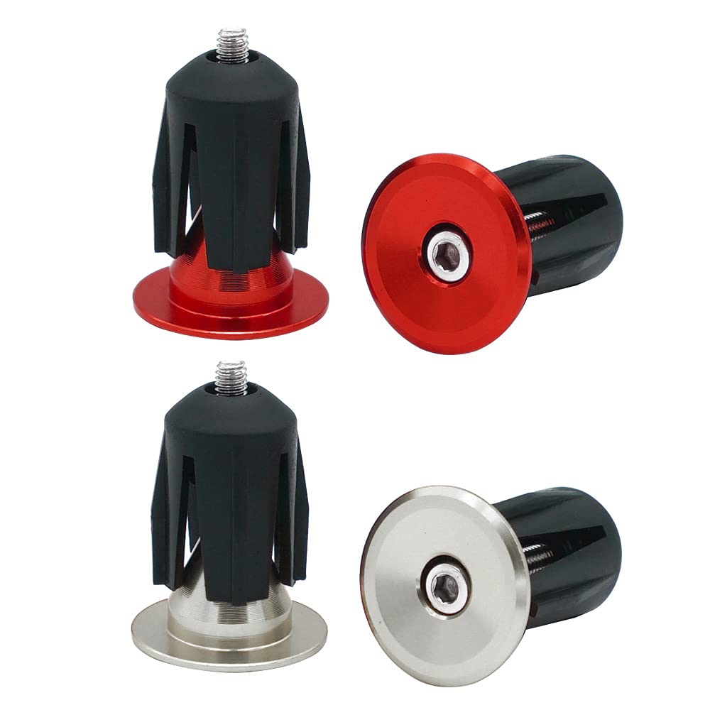 QitinDasen 2 Pairs Bike Handlebar End Plugs, Aluminum Bicycle Bar End Caps, for Road Bike, MTB, BMX (Silver + Red)