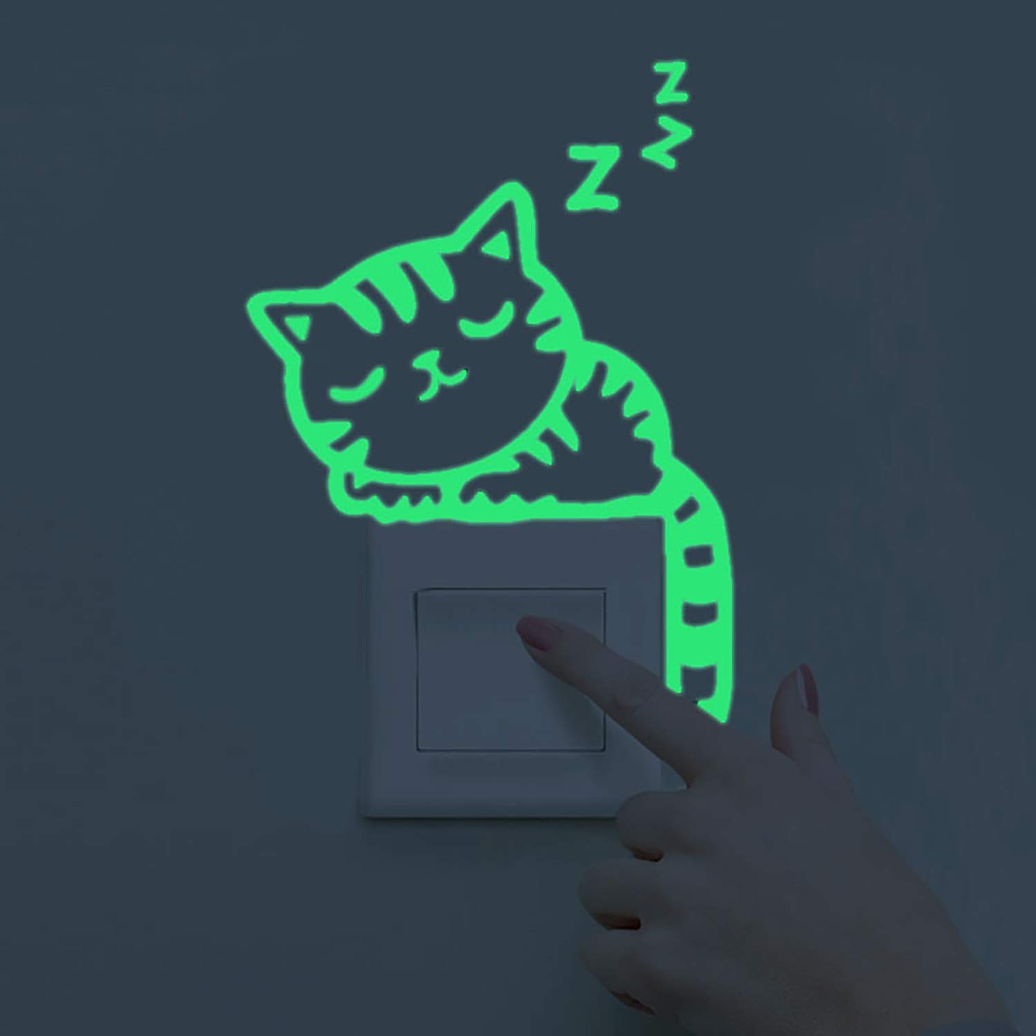 Wall Stickers Glow in The Dark. Decorative Vinyl for Plug or Switch cat Sleeping. Fluorescent Animal Stickers. Bright Sheets
