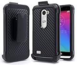 LG Sunset L33L Case, NageBee - LG Sunset L33L Hybrid Armor Stand Case Rugged Layered Design Carbon Fiber with Holster Belt Clip for LG Sunset L33L (Carbon Fiber Holster Black)