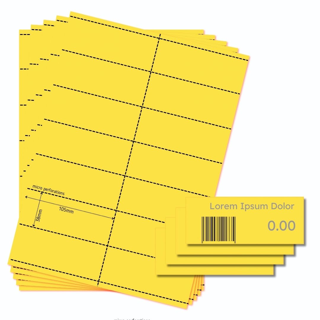 OfficeGear Yellow Shelf Edge Barcode Price Ticket Labels 14-up [25 Sheets - 350 Pack] 38x105mm Custom Printable A4 120gsm Card Micro Perforated Non-Adhesive Merchandise Tag Includes Design Template