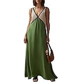 BQDCQB Womens Summer Color Block Satin Dress Loose V Neck Contrast Patchwork Flowy Beach Vacation Long Tank Maxi Dresses