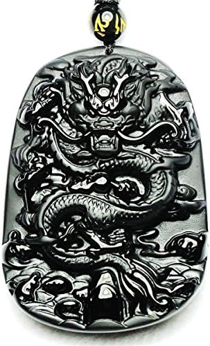 Natural Stone Black Obsidian Pendant Necklace Caved Chinese Characters Pattern with Extend Bead Chain for Men or Women (Dragon)