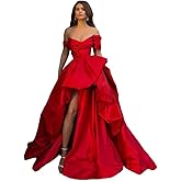 WAREKEAN Off Shoulder Satin Prom Ball Gown Long Ruched A Line Fluffy Wedding Formal Evening Party Dress with Slit
