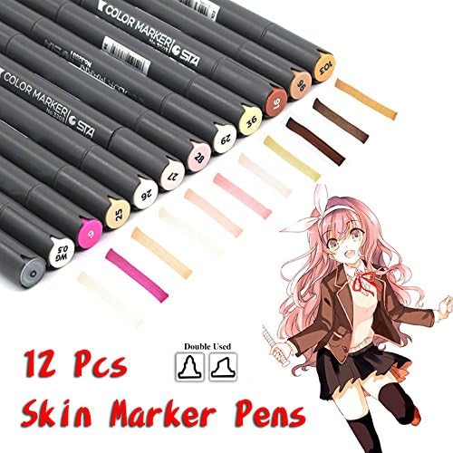 Bajotien 12 Colors Skin Markers Dual Tip Set for Professional Sketching Pens for Drawing,Painting