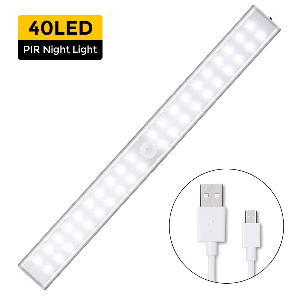 Motion Sensor Light, 40LED USB Rechargeable Cupboard Closet Light Motion Light Activated Wireless Removable Magnetic Stick-On Night Lighting for Wardrobe Under Cabinet Stairs