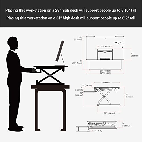 Loctek - Height Adjustable Standing Desk 36" Wide Platform Computer Riser, Height Adjustable Removable Keyboard Tray with Document Holder & USB Port (PL36B) - Thumbnail 4