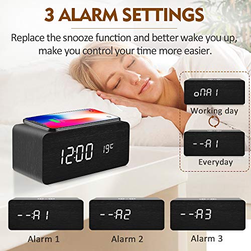 fomobest Wooden Alarm Clock with Wireless Charging for iPhone Samsung