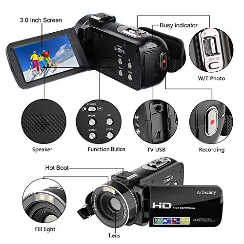 Video Camera Camcorder AiTechny HD 1080P 24.0MP Digital Camera YouTube Vlogging Camera 3.0 inch LCD 270 Degrees Rotatable Screen 16X Digital Zoom Camera Recorder 2 Batteries (301S-Plus)