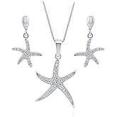 BERRICLE Sterling Silver Starfish Cubic Zirconia CZ Fashion Necklace and Earrings Set for Women, Rhodium Plated