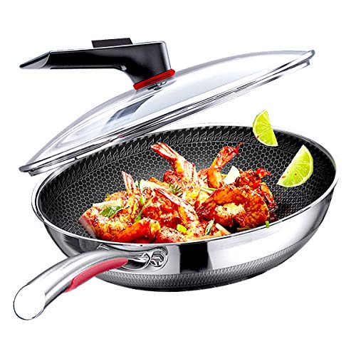 MEGOO 12.6 inch Hybrid Stainless Steel NonStick Wok Pan with lid