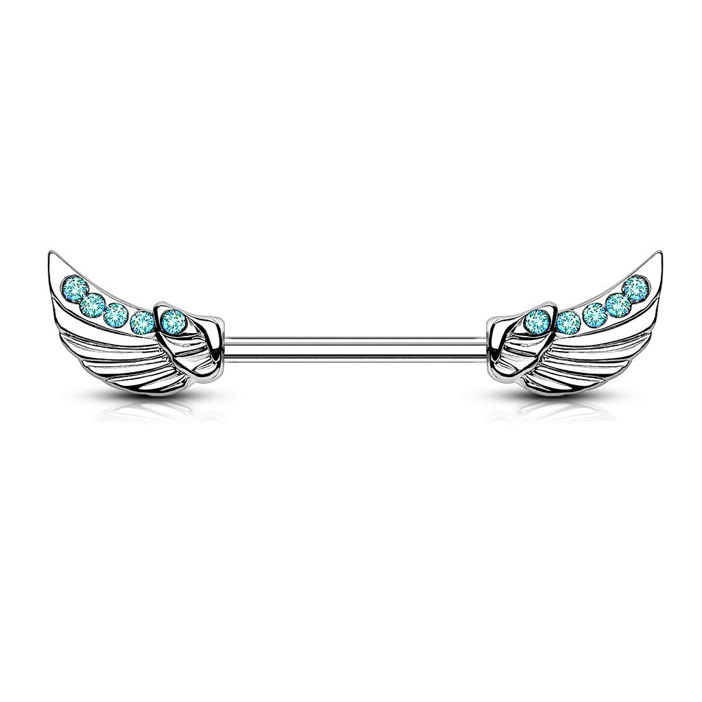 PiercedOff 316L Surgical Steel Nipple Bar with Aqua CZ Lined Angel Wings - Thickness 14GA (1.6mm) / Length 14mm / Wing Size 10mm x 5mm