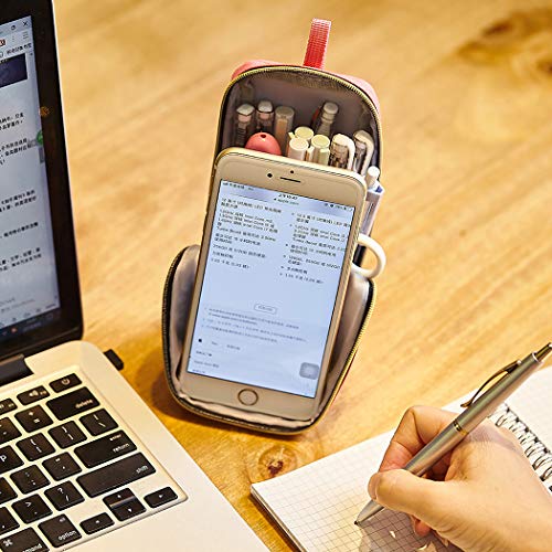 iSuperb Stand Up Pencil Case Canvas Pencil Holder Phone Holder Mobile Phone Bracket Function Desk Organizer Makeup Cosmetic Bag (Dark Blue)