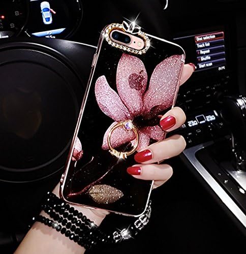 bling iPhone 7 Plus Diamond Case, Opretty Luxury Crystal Rhinestone Soft Rubber Bumper Bling Diamond Glitter Mirror Makeup Case with Ring Stand Holder for iPhone 7 Plus(flowers-Black@)