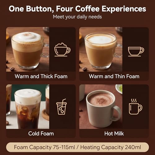 Morpilot Electric Milk Frother, 4 Modes (Thick/Light Warm Foam, Cold, Hot Milk) - 115ml Foam / 240ml Heating, Quiet, All in Dishwasher