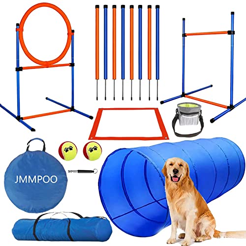 JMMPOO Agility Set Dogs, 65-Piece Agility Equipment for Dog Training Games with Dog Tunnel, Hurdles, 8 Slalom Poles, Jump Ring, 2 Tennis Ball Toys, Break Box, Treat Bag, Carry Bag