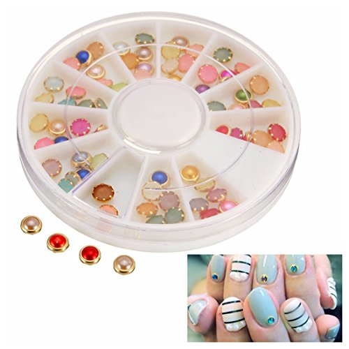 2 Wheels Acrylic Nail Rhinestones kit 12 colors Pearl Nail Art Rhinestones Decor Accessories, 4 Sheets Nail Decal Water Transfer Tattoo Stickers (ADDSET7C)