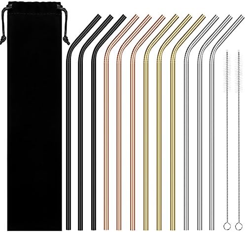 Reusable Stainless Steel Straws, Blingco Metal Drinking Straws Set of 12 Extra Long 10.5'' With 2 Brushes, FDA Approved Reusable Smoothies Straws For 20/30oz Tumblers Cold Beverage (Multicolor)