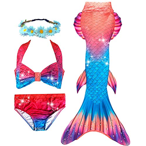 3 PCS Girls Mermaid Tail Swimsuit for Swimming Bikini Princess Can Add Monofin (C-Temperament Red, 9-10T / (Tag 140) / Ht51-54in)