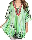 Sakkas SS1608 - Balloon Top Tallulah Wide Circle Blouse Poncho Top With Tie Neck Enclosure With Beads - Bright Green / Multi - OS