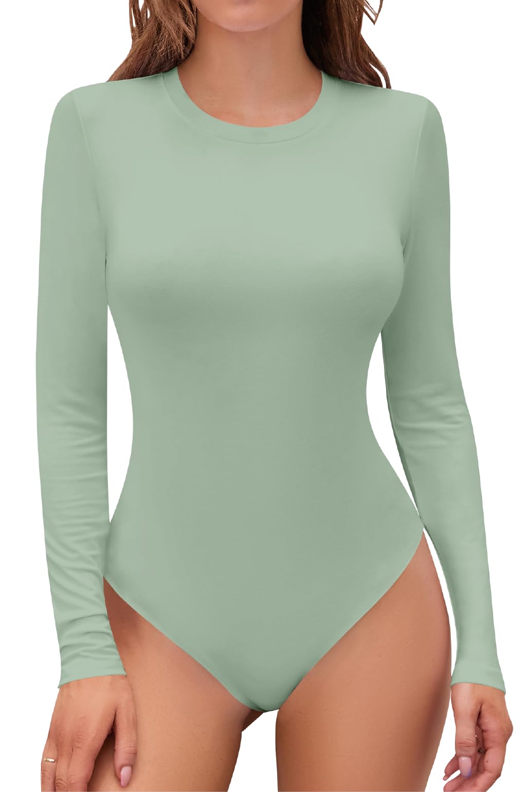 Photo 1 of SHEIUGU Women’s Long Sleeve Crew Neck Ribbed Stretchy Slim Fit Tops Bodysuit Basic Jumpsuit(Light Green-Small)
