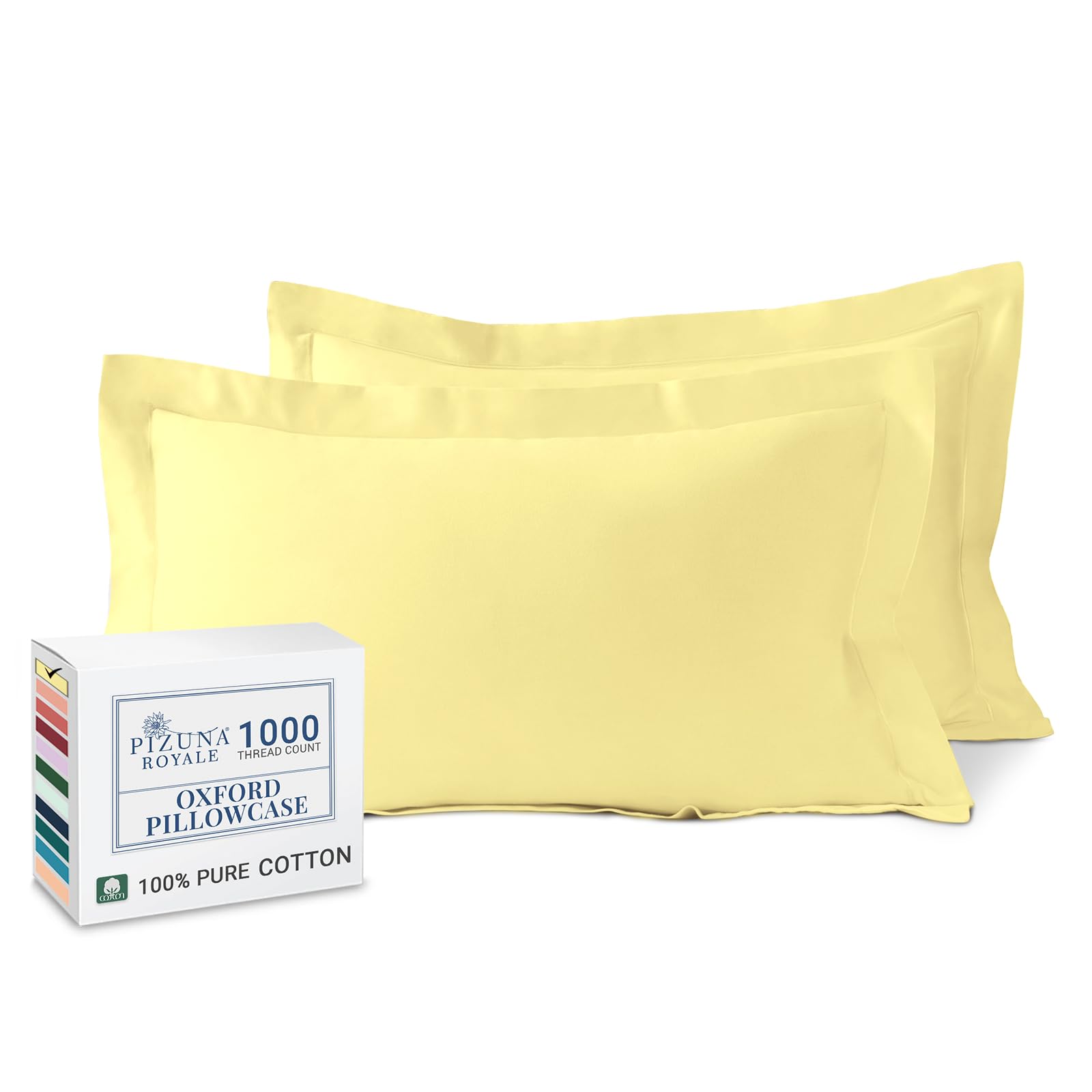 Pizuna Luxurios Cotton Pillow Cases 2 Pack Mellow Yellow 50x75cm, 1000 Thread Count Long Staple Combed Cotton Thick Pillow Cover, Soft Sateen Oxford Pillow Cases (100% Cotton Pillowcase Pack of 2)