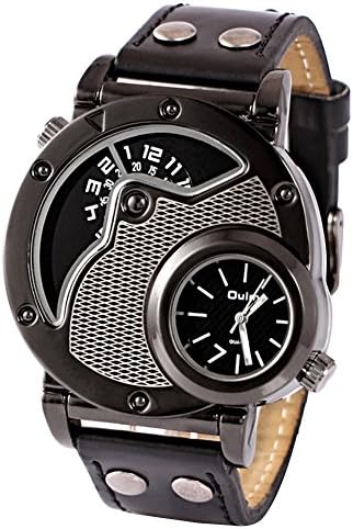COCOTINAMens Russian Army Military Dual Time Movement Black Faux Leather Band Quartz Casual Wrist Watch - Black Dial