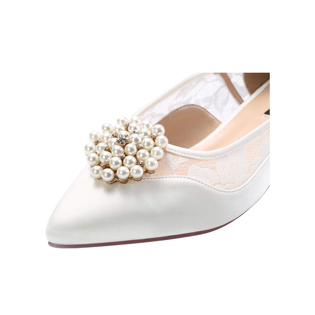 ERIJUNOR Lace Wedding Shoes Flats Ivory Satin Pointy Toe Comfortable Low Heel - Image 6