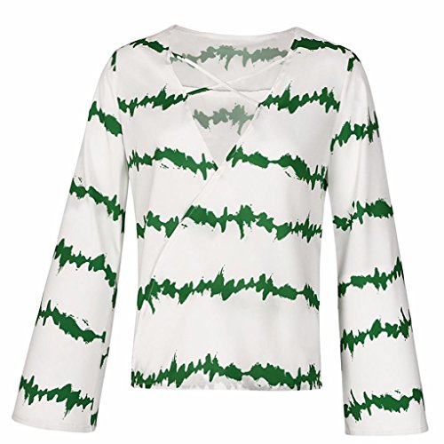 Vovotrade Women's Fashion Loose Long Sleeve Printed Tops Chiffon Casual V-Neck Blouse T Shirts (S, Green)
