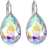 AOBOCO Sterling Silver Leverback Earrings Embellished with Crystals from Austria, Hypoallergenic Teardrop Cut Pear Crystal Earrings, Fine Anniversary Birthday Jewelry Gifts for Women