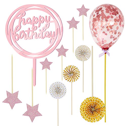 12 PCS Happy Birthday Cake Topper Set Rose Gold Acrylic Cupcake Topper Paper Fans Confetti Balloon Birthday Cake Supplies Decorations for Birthday party Wedding Baby Shower (Happy Birthday Frame)