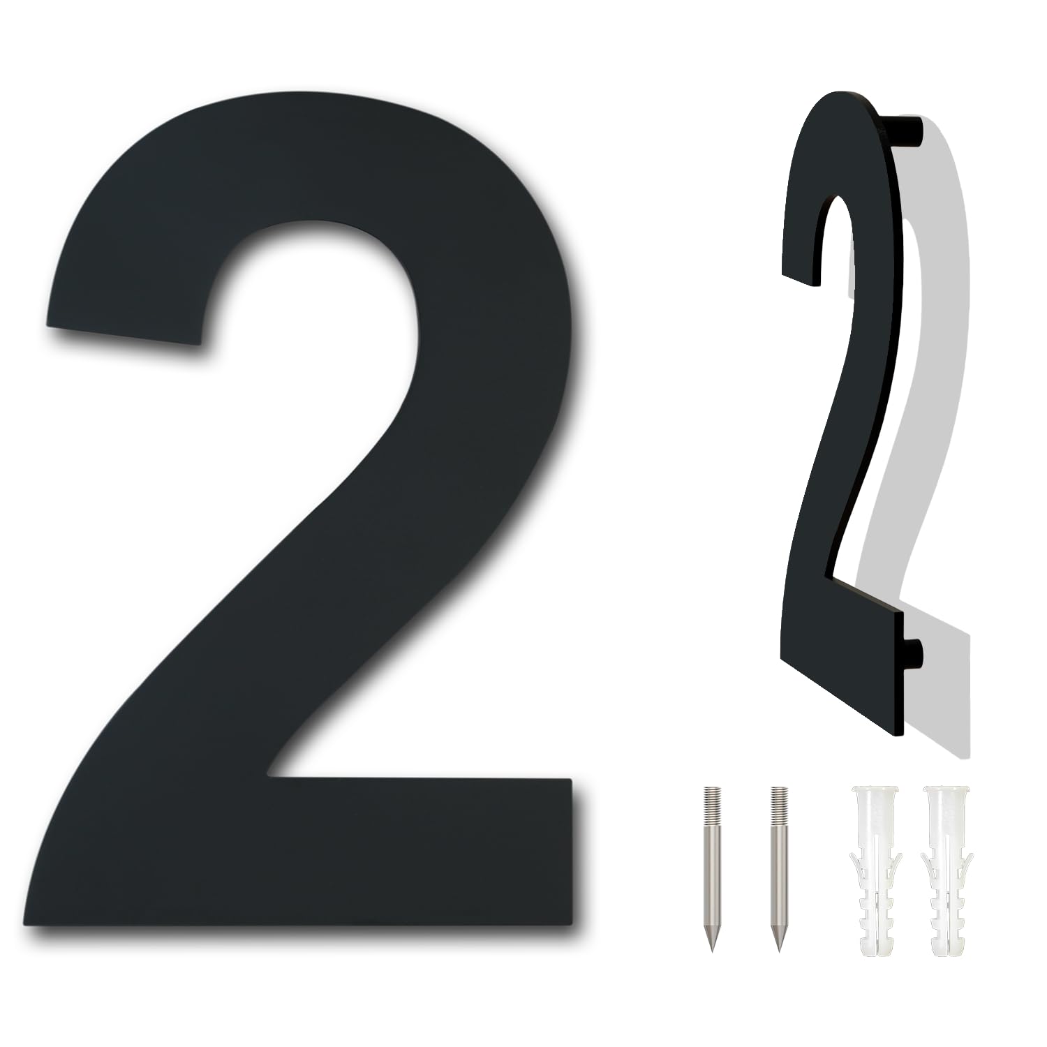 Black Brushed Modern House Number -125mm Height - Made of Solid 304 Stainless Steel, Floating Appearance and Easy to Install (Number 2 Two)