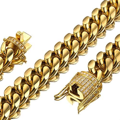 Jxlepe Mens Miami Cuban Link Chain 18K Gold 15mm Stainless Steel Curb Necklace with cz Diamond Chain Choker