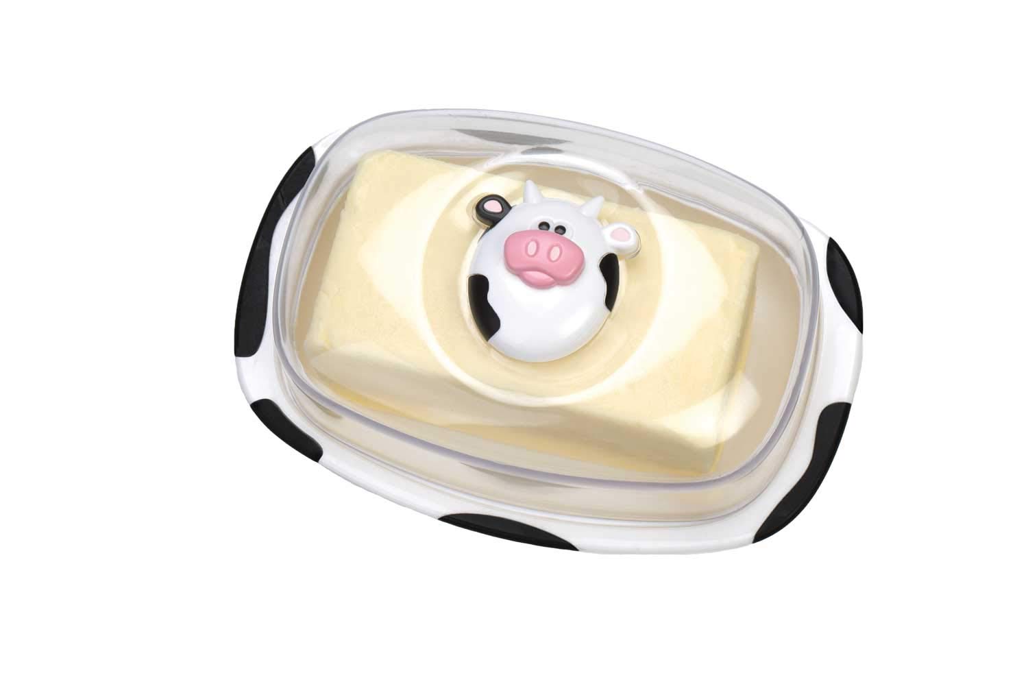 Joie Moo Moo Cow Butter Dish – 1 lb Large Capacity Plastic Butter Holder with Clear Lid, Cute Farmhouse Kitchen Storage Container, White & Black