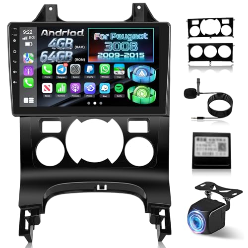NHOPEEW 4+64G Car Radio for Peugeot 3008 2009-2015 – 9 Inch Android Radio with Wireless Carplay and Android Auto – Mirror Link 32EQ DSP Split Screen + Rear View Camera & Microphone