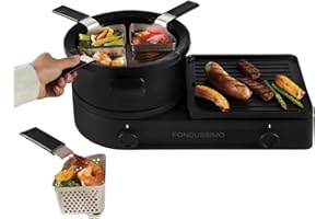 Fondussimo Dip and Grill, Electric Fondue Pot and Raclette Grill Style Plancha Set, Reversible Tabletop Grill Plate, Stainles