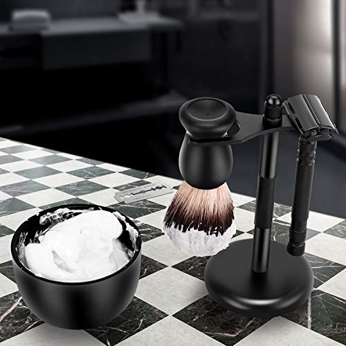 Amazing Razor Shaving Kit - Begin Quality Shave at Home. Mysterious Black Men's Shaving & Grooming Sets - Safety Razor,Friendly Brush,Great Shaving Stand,Shaving Soap Bowl, Super Stainless Blades