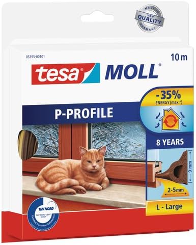 tesamoll P-Profile Seal - Self Adhesive Rubber Draught Excluder for Insulating Gaps in Windows and Doors - Brown - 10 m x 9 mm x 5.5 mm