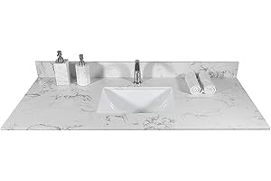 MONTARY 43 Inch Marble Vanity Top with Undermounted Rectangular Ceramic Sink & Backsplash, White Carrara Engineered Stone Countertop Vanity Sink Top for Bathroom 1 Pre-Drilled Hole