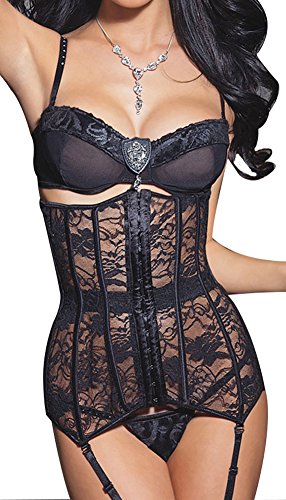 Imilan Underbust Mesh Waist Cincher Corset G string Garters Belt S-6XL (M, Black)