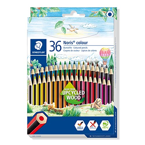 Buntstifte Noris colour, rutschfeste Soft-Oberfläche, hohe Bruchfestigkeit, Made from Upcycled Wood, intensive Farben, Sechskantformat, 36 Farbstifte im Kartonetui, 185 CD36