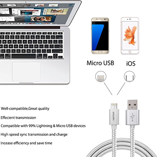 Vanten(TM) 3ft Reversible Apple iPhone 7 / iPhone 7plus Lightning Cable and Micro USB Cable Nylon Braided 2 in 1 Joined USB Cord for iOS and Android with One Plug (1 Pack)