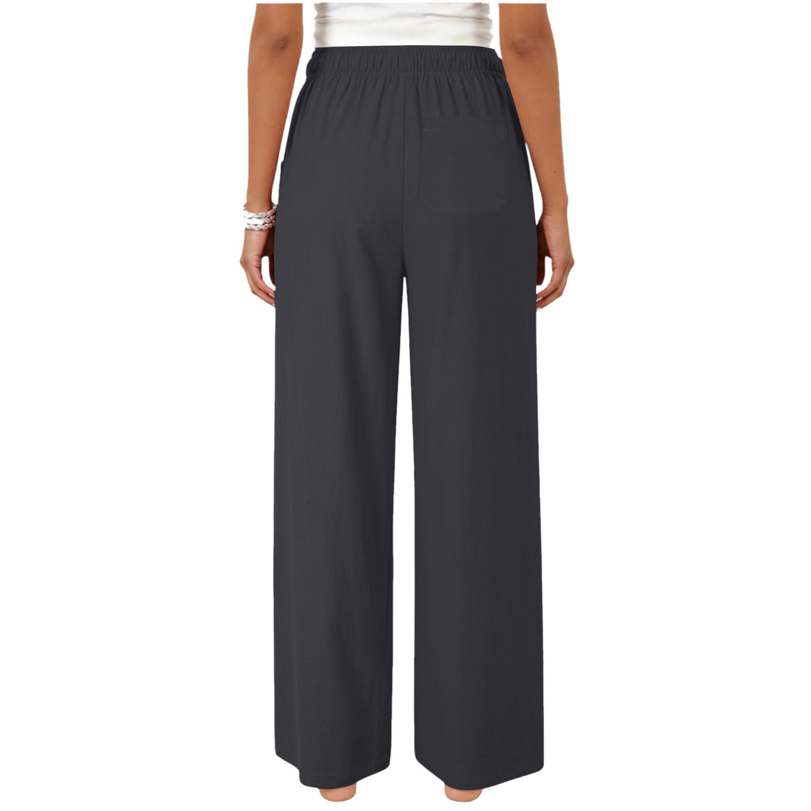Cotton Linen Pants Women Wide Leg Summer Trousers Plus Size Drawstring Elastic Waist Casual Palazzo Pants with Pockets