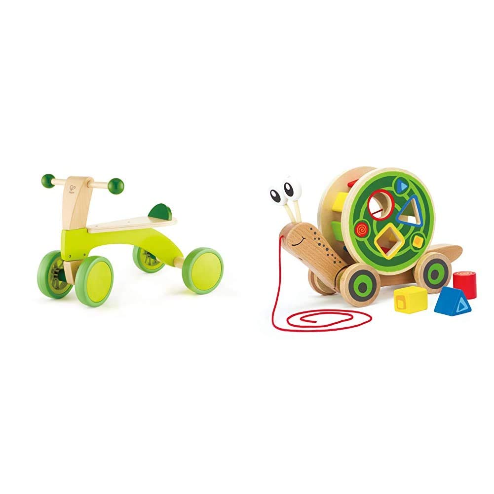Hape Scoot Around Ride On Wood Bike | Award Winning Four Wheeled Wooden Push Balance Bike Toy, Bright Green & Award Winning Hape Walk-A-Long Snail Toddler Wooden Pull Toy