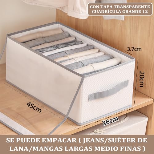 Organizador de Ropa para Closet 3 Piezas, Organizadores de Cajones Ropa Plegable, con 12 Compartimentos y Cubierta de malla transparente para jeans, ropa, camisas, almacenamiento de guardarropa
